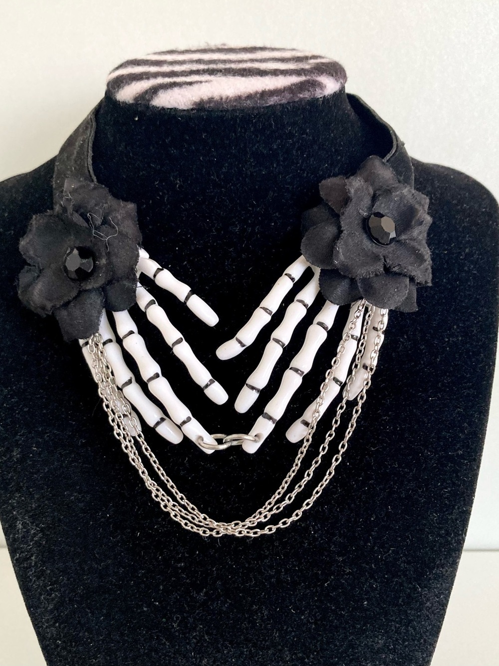Goth Statement Black and White Floral Skeleton Bib choker preloved Necklace